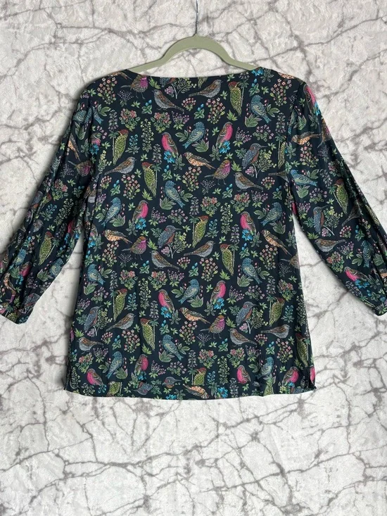 J. Jill Floral Bird Print 3/4 Sleeve Top Women’s XS Navy Blue w Multicolor Birds - Picture 7 of 7
